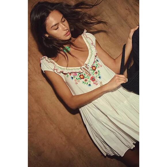 New Free People Celia Floral Embroidered Boho Mini Dress $228 Large Ivory - Picture 4 of 4